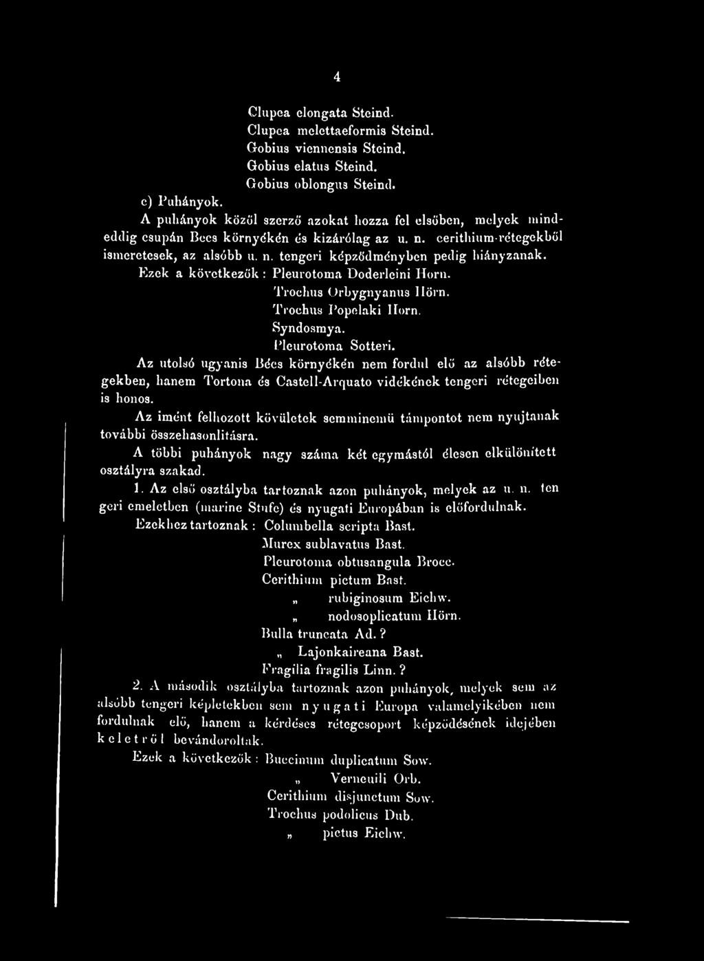 Ezek a következők : Pleurotoma Doderleini Horn. Trochus Orbygnyanus llörn. Trochus Popelaki Horn. Syndosmya. Pleurotoma Sotteri.