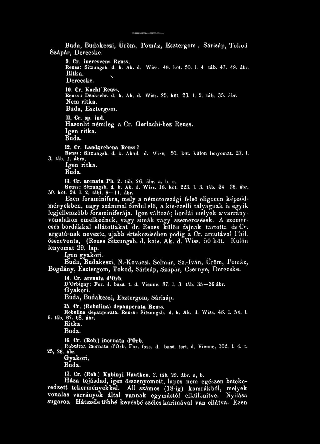 d. k. Akad. d. Wiss, 50. köt. külön lenyomat. 27. 1. 3. táb. 1. ábra. Igen ritka. Buda. 13. Cr. arenata Pli. 2. táb. 26. ábr. a, b, c. Reuss: Sitzungsb. d. k. Ak. d. Wiss. 18. köt. 223. 1. 3. táb. 34 36.