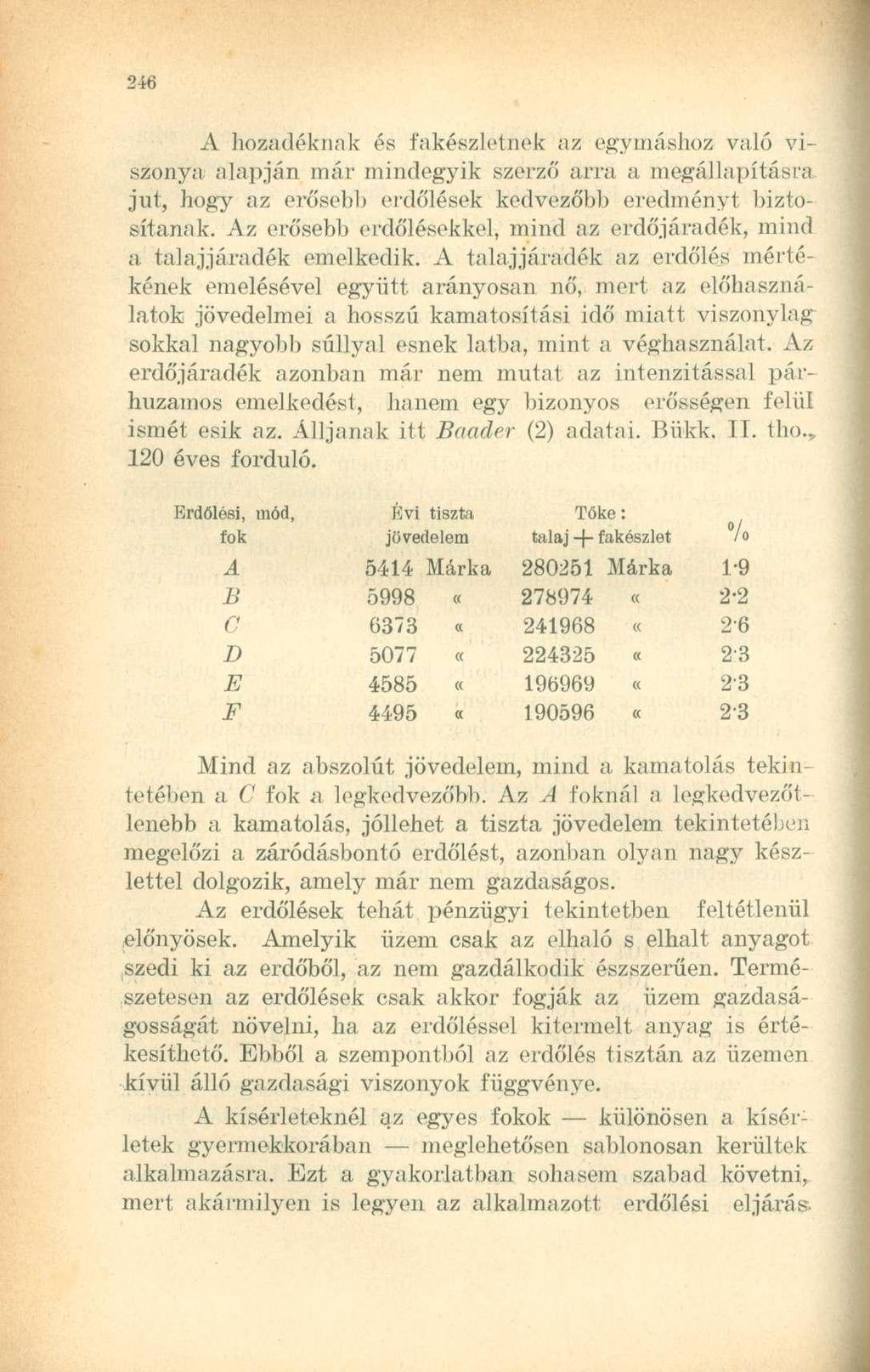 A hozadéknak és fakészletnek az egymáshoz való viszonya alapján már mindegyik szerző arra a megállapításra jut, hogy az erősebb erdőlések kedvezőbb eredményt biztosítanak.