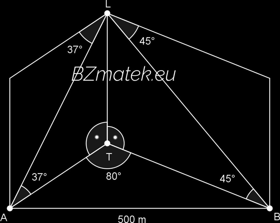 34. Vízszintes terep T pontja felett lebeg egy L léggömb, s ezt az A ban álló megfigyelő 37 - os, a B beli megfigyelő 45 - os emelkedési szögben látja.