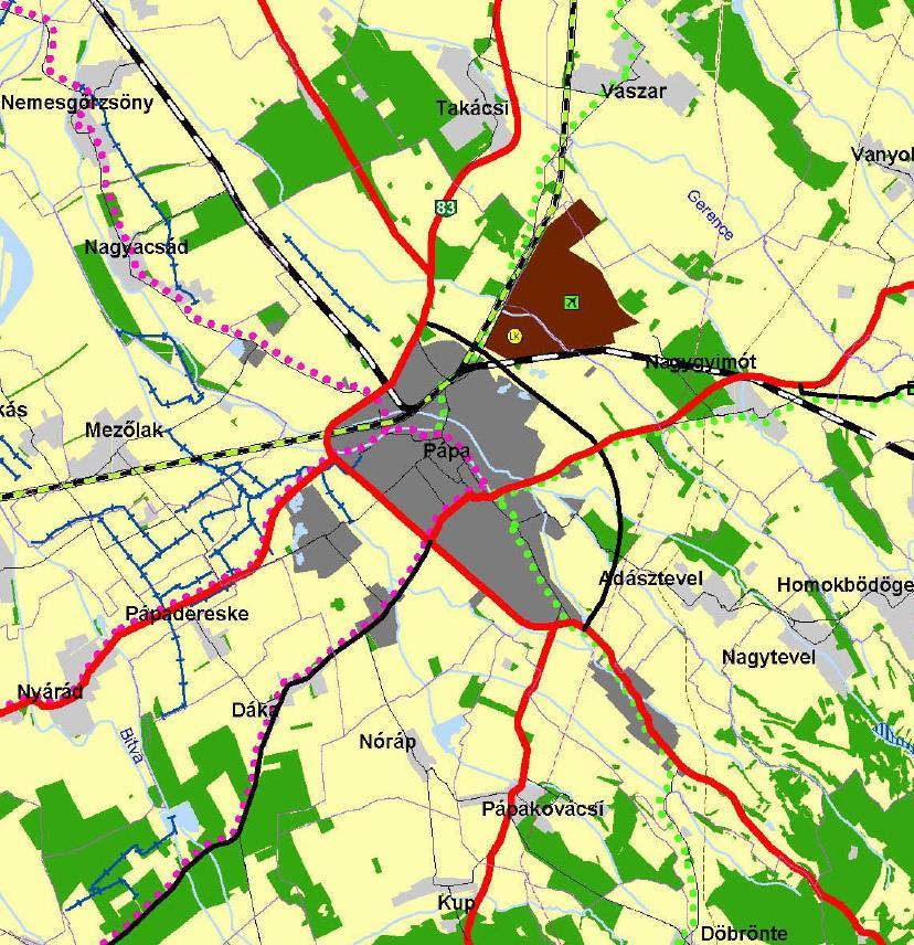 8 sz. főú 2x2 sávos fejleszési projekje PÁPA TSZT és HÉSZ módosíás Az Országos Terülerendezési Terv vonkozó előírási: Az Mv.