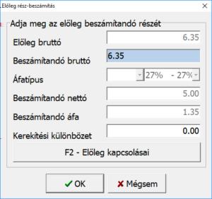 Előlegrész beszámítás Az előleg bekapcsolásánál lehetőségünk van megadni a kapcsolni kívánt összeget, amennyiben nem a teljes összeg kerül beszámításra a Beszámítandó bruttó mező összege átírható.