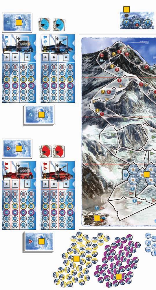 ELŐKÉSZÜLETEK Az első játék előtt nyomkodjátok ki a különböző játék lapkákat és kártyákat. A kétoldalú táblán egy, a Mount Everest csúcsára vezető könnyebb és egy nehezebb útvonal látható.