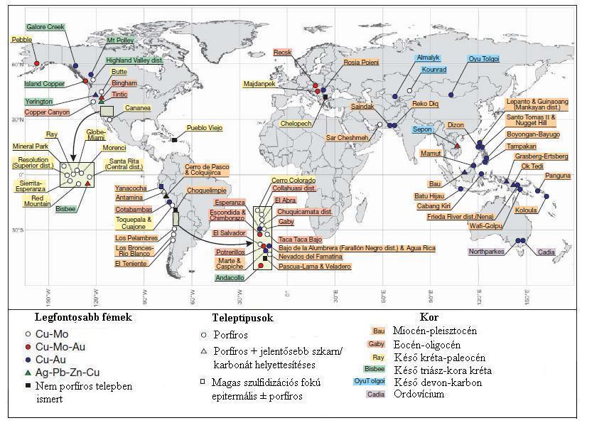 1. ábra A ma ismert Cu- porfíros telepek eloszlása a világban (Sillitoe, 2010 nyomán) Mint ismeretes ez az övezet a mezozoikum óta aktív szubdukciós zónában helyezkedik el.