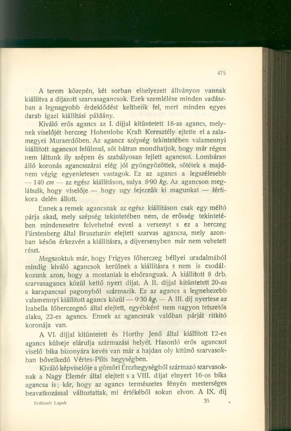 A terem közepén, két sorban elhelyezett állványon vannak kiállítva a díjazott szarvasagancsok.