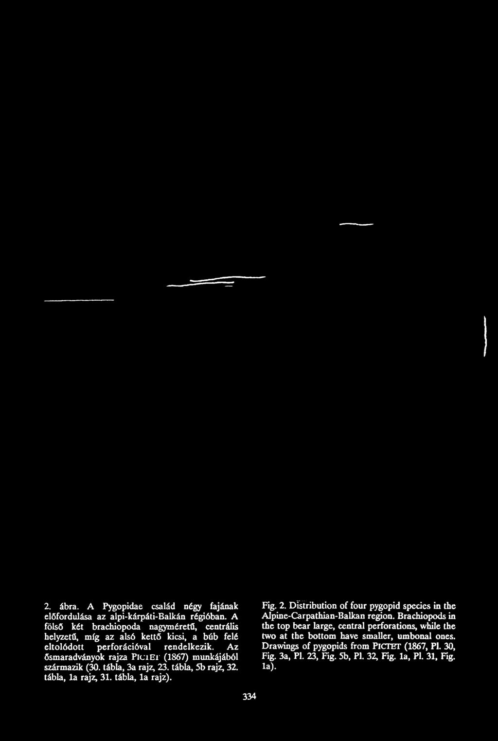 Az ősmaradványok rajza P ic it r (1867) munkájából származik (30. tábla, 3a rajz, 23. tábla, 5b rajz, 32. tábla, la rajz, 31. tábla, la rajz). Fig. 2. Distribution of four pygopid species in the Alpine-Carpathian-Balkan region.