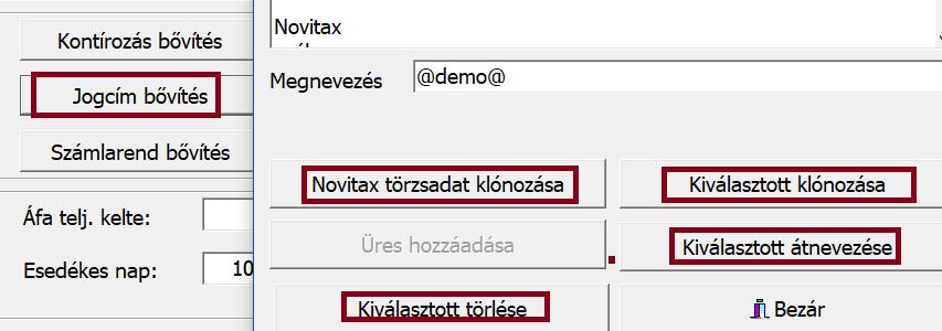 A Törzsbeállítások fülön a felhasználónak lehetősége van a Novitax törzsadat klónozásra, azaz a @demo@