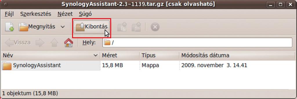 1-1748 4 Kattintson a Kibontás elemre, majd csomagolja ki a SynologyAssistant könyvtárat a /usr/local útvonalra vagy bármely más helyre. 3.