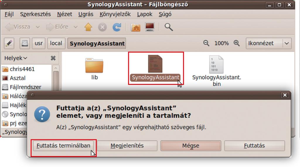 5 Menjen a /usr/local/synologyassistant (vagy [előbb megadott útvonal]/synologyassistant) helyre, kattintson duplán a SynologyAssistant elemre, majd a megjelenő párbeszédablakban válassza a Futtatás