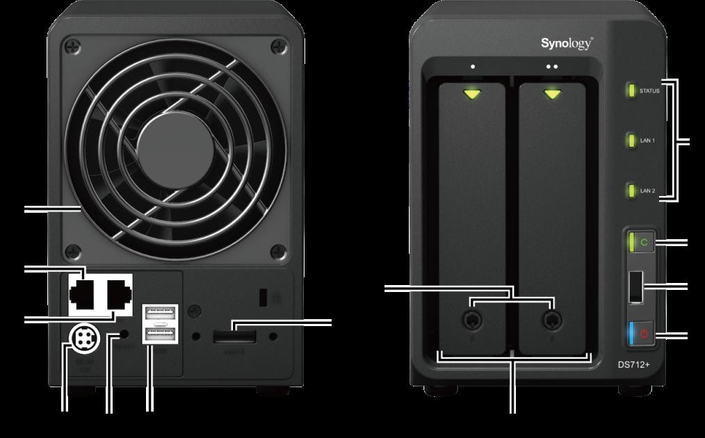 A Synology DiskStation áttekintése Sz. Rész neve Hely Leírás 1) Tápfeszültség gomb Elülső panel A főkapcsoló gomb a Synology DiskStation be- és kikapcsolására szolgál.