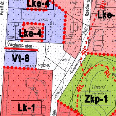 A hatályos településszerkezeti terven és a vonatkozó szabályzási tervlap szelvényen (SZT 4 szelvény) a 4732/12 helyrajzi számú terület