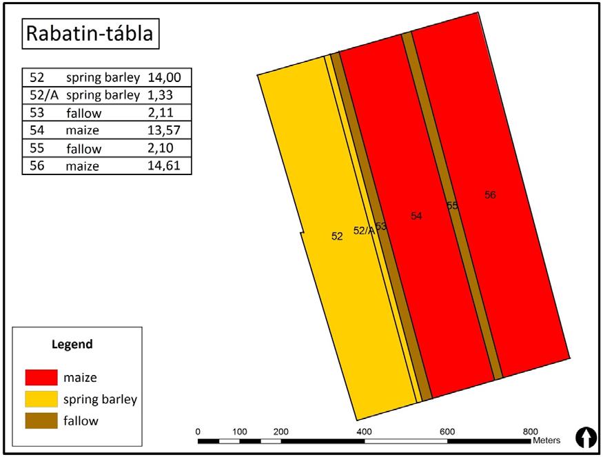 1.A ábra A 47 ha-os Rabatin tábla kezelésének áttekintő ábrája. A barna színnel jelölt állandó ugarsávok 3 táblára osztják a területet, melyekben kukorica/gabona/ugar vetésforgó fog megvalósulni.