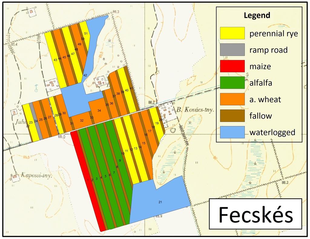 1.A. ábra Fecskés táblákon megvalósult kezelés áttekintő térképe 2013-2014./ Overview of the Fecskés fields 20132014. 2.B ábra Fecskés táblákon megvalósult kezelés Googe Earth térképe 2014.