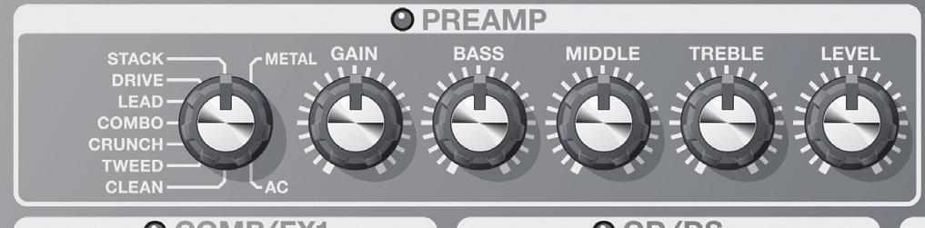 Hangok kiküldése PREAMP (Preamp) Ez az effekt az előerősítő viselkedést modellezi. Válassza ki az előerősítő típusát. A preamp típusa. 1.