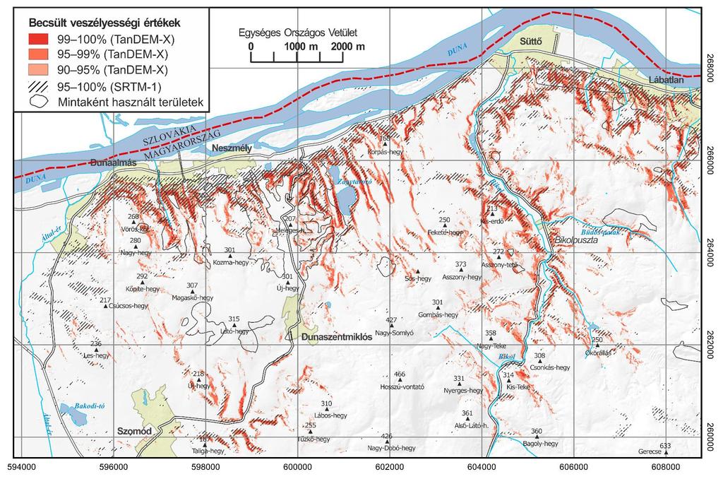 10. ábra: Az Északnyugati-Gerecse relatív-felszínmozgás veszélyességi térképe. A veszélyességi értékek közül a TanDEM-X alapú becsléseknél a 90 és 100% közötti tartományt tekintettem veszélyesnek.