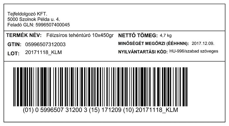 III. 6-10. ábra Állandó tömegű gyűjtő kiszerelés azonosító (AI (GTIN)), tételszám (AI (10)), mennyiség (AI (3102) és minőségmegőrzési idő (AI (15)) megadásával. IV. 6-11.