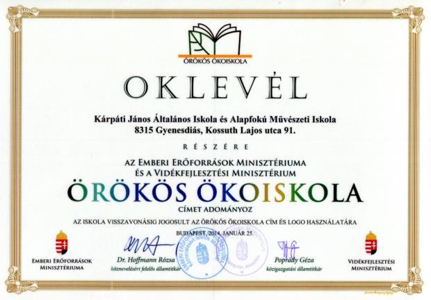 Örökös öko oktatási-nevelési intézményeink A Települési Önkormányzatok Országos Szövetségének példát adó gyakorlatok pályázatán az önkormányzat Vizek varázsa a varázslatos vízi világ témakörben I.