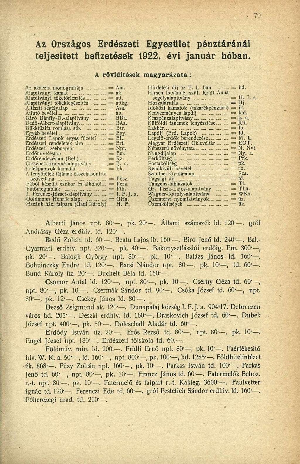 Az Országos Erdészeti Egyesület pénztáránál teljesített befizetések 1922. évi január hóban. A rövidítések magyarázata: Az ákáczfa monográfiája. _ = Am. Hirdetési dij az E. L.-ban _ = hd.