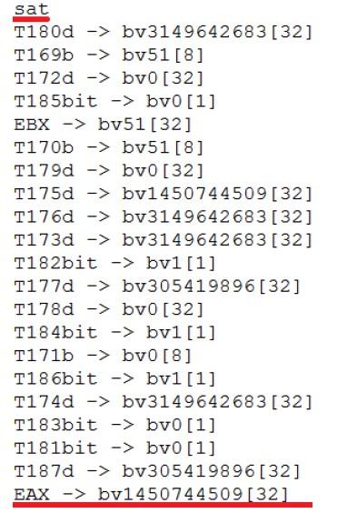 SMT solving II assert(t175d == 0x12345678); T175d eax végső értéke Sat => a formula