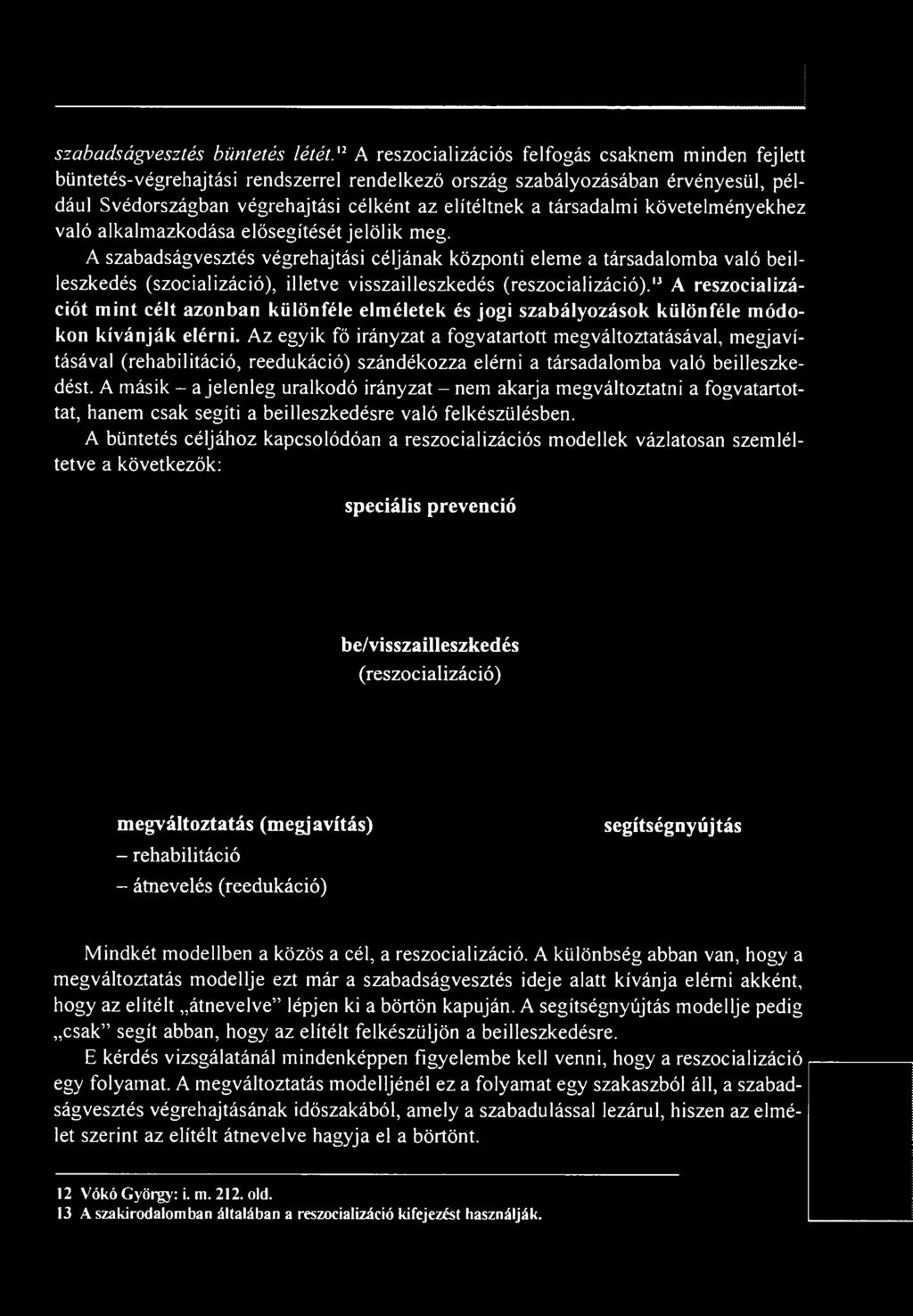 A szabadságvesztés végrehajtási céljának központi eleme a társadalomba való beilleszkedés (szocializáció), illetve visszailleszkedés (reszocializáció).