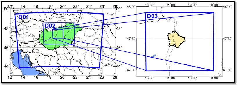 Alkalmazott modell WRF (Weather Research Forecast) 3.8 Vizsgált terület felbontása D01: 10 km; D02: 3.333 km, D03: 1.