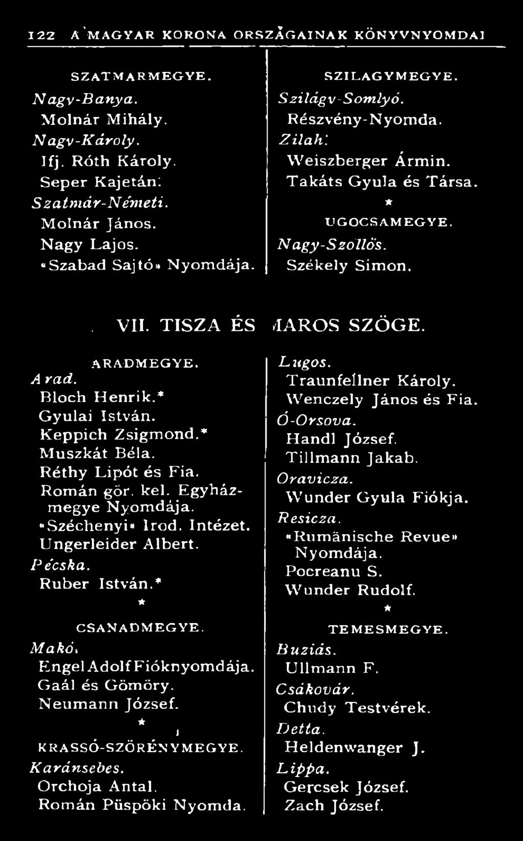 J K R A S S Ó - S Z Ö R É N Y M E G Y E. K a r á n s e b e s. O rchoja Antal. Rom án Püspöki Nyom da. /TAROS S Z Ö G E. L ú g o s. T raun felln er Károly. W enczely János és Fia. Ó -O r s o v a.