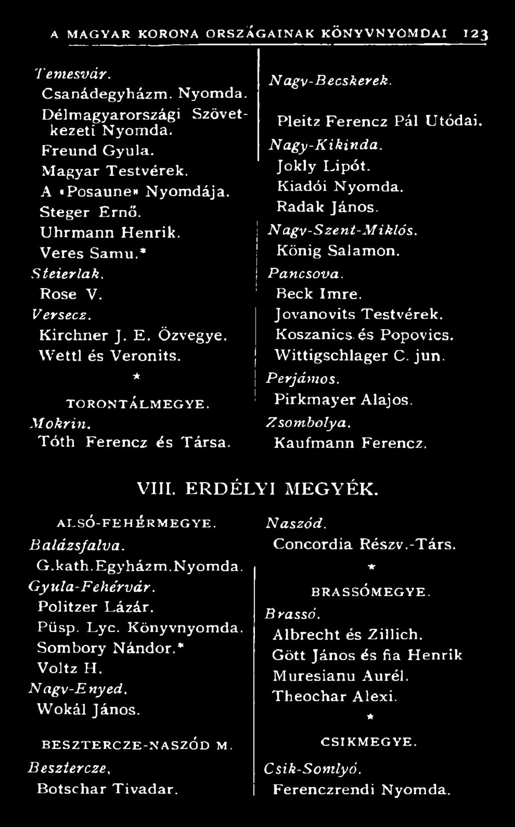 B a lá zsfa lv a. Concordia Részv.-Társ. G.kath.Egyházm.Nyom da. G y u la -F e h é r v á r. B R A S S Ó M E G Y E. Politzer Lázár. B r a ssó. Piisp. Lyc. Könyvnyomda. Albrecht és Zillich.