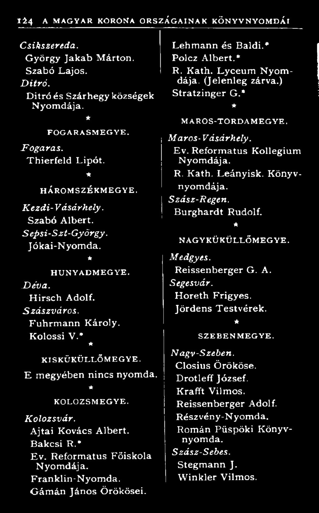 M A R O S - T O R D A M E G Y E. M aros- Vásárhely. Ev. Reform átus Kollégium Nyom dája. R. Kath. Leányisk. Könyvnyomdája. S z á sz-r e g en. j Burghardt Rudolf. N A G Y K Ü K Ü L L Ő M E G Y E.