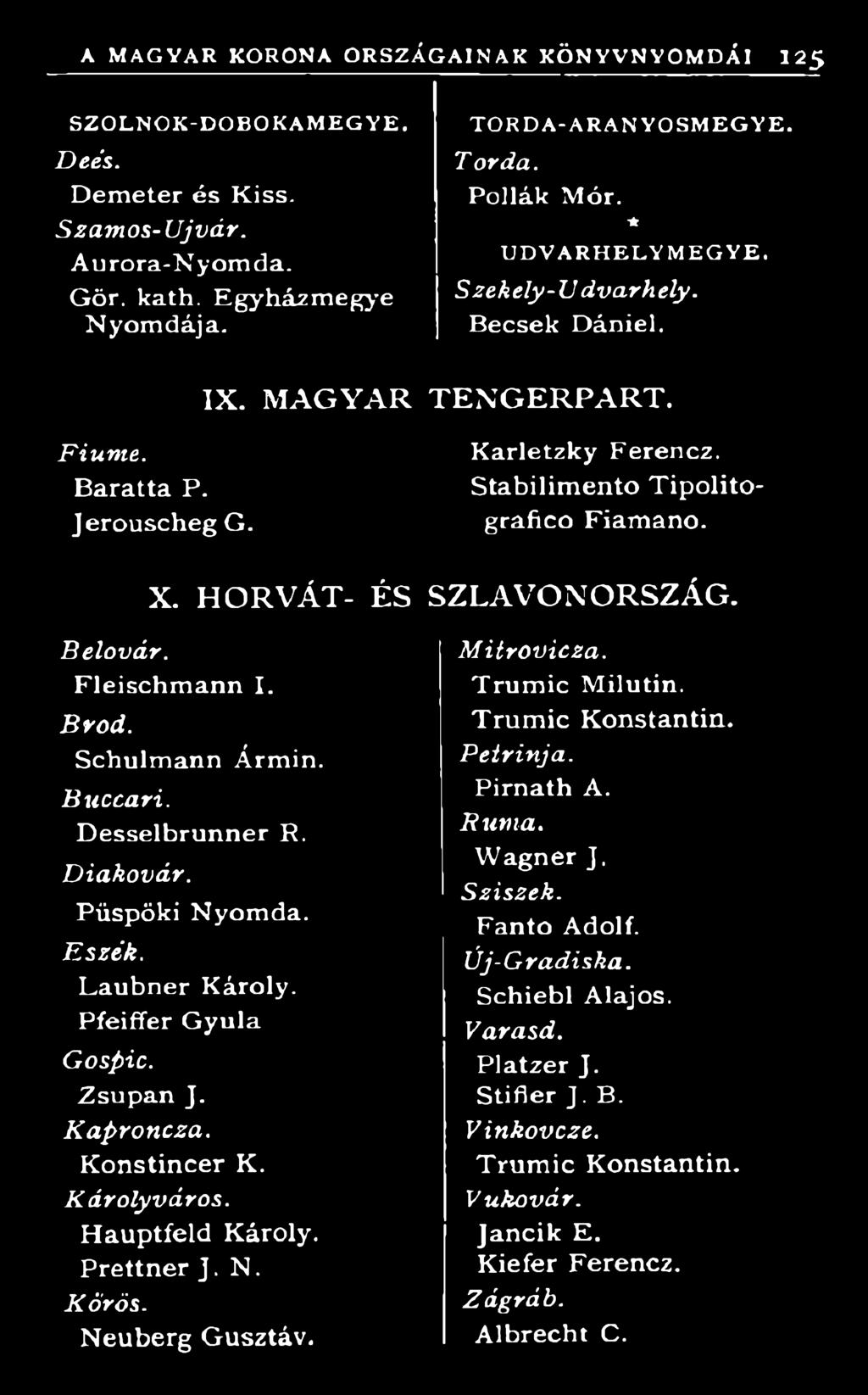 S ziszek. Püspöki Nyomda. Fanto Adolf. E szék. Ú j-g radiska. Laubner Károly. Schiebl Alajos. Pfeiffer Gyula Varasd. Gospic. Platzer J. Zsupán J. Stifler J. B.
