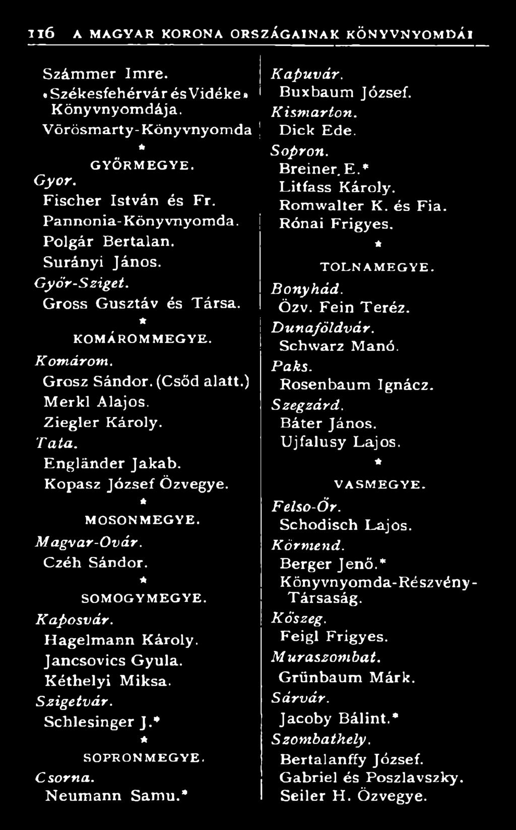 Rónai Frigyes. T O L N A M E G Y E. B onyhád. Özv. Fein T eréz. D u n aföld vár. Schwarz Manó. P a ks. Rosenbaum Ignácz. Szeg zárd. Báter János. U jfalusy Lajos. V A S M E G Y E. Felso-Ő r.