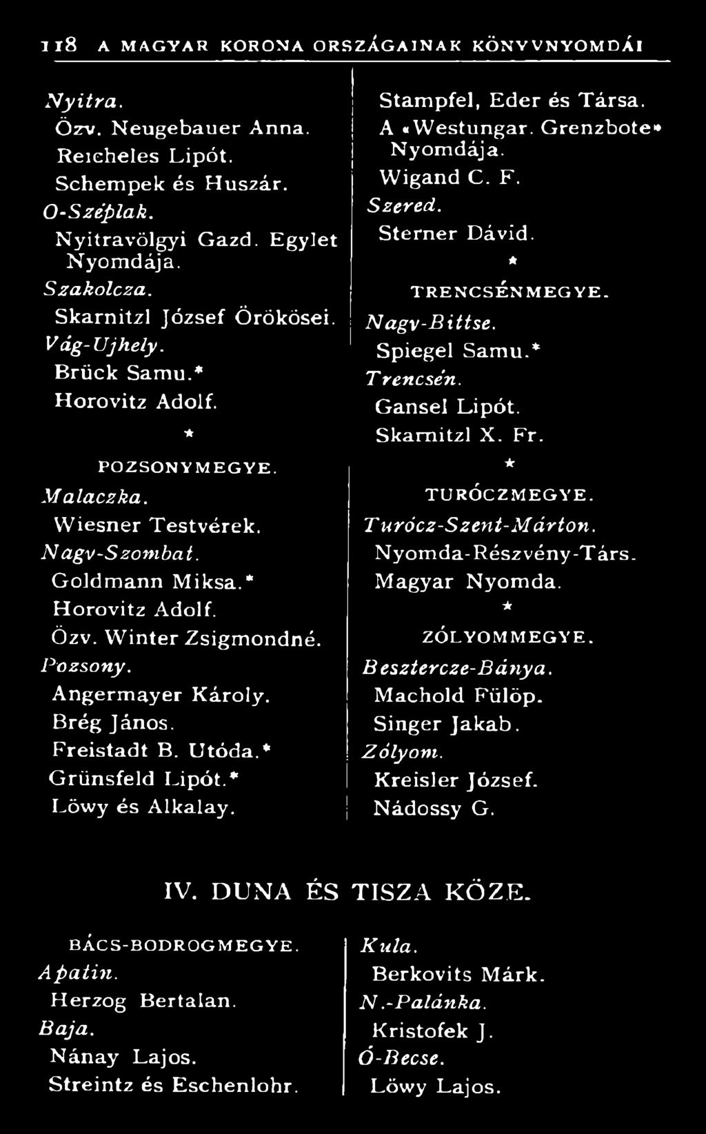 T urócz-s zent-m árton. Nyom da-részvény-t árs. M agyar Nyomda. Z Ó L Y O M M E G Y E. B esztercze-b á nya. M achold Fülöp. Singer Jakab. Zólyom. Kreisler József. Nádossy G. IV.