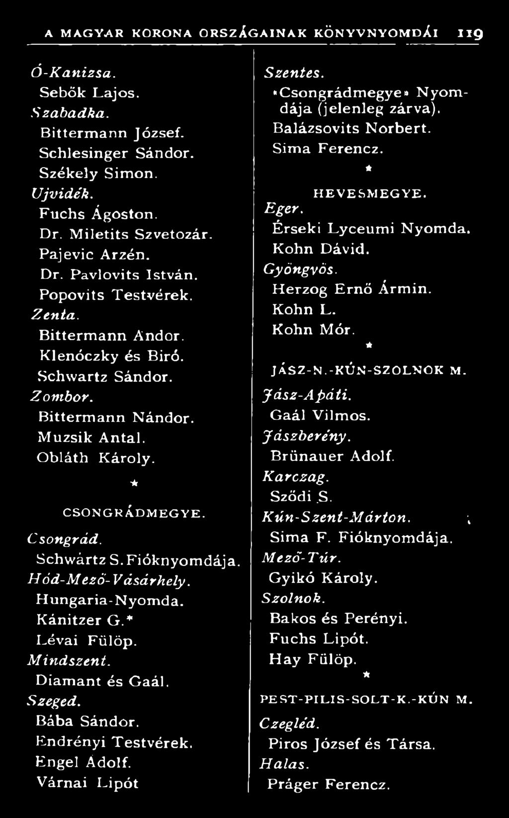 Kohn Dávid. G yöngyös. Herzog Ernő Ármin. Kohn L. Kohn Mór. JÁ S Z - N.- K Ú N - S Z O L N O K M. J á s z - A p á t i. G aál Vilm os. Jászberén y. Brünauer Adolf. K a r c z a g. Sződi.S. K ú n - S z e n t-m á r to n.
