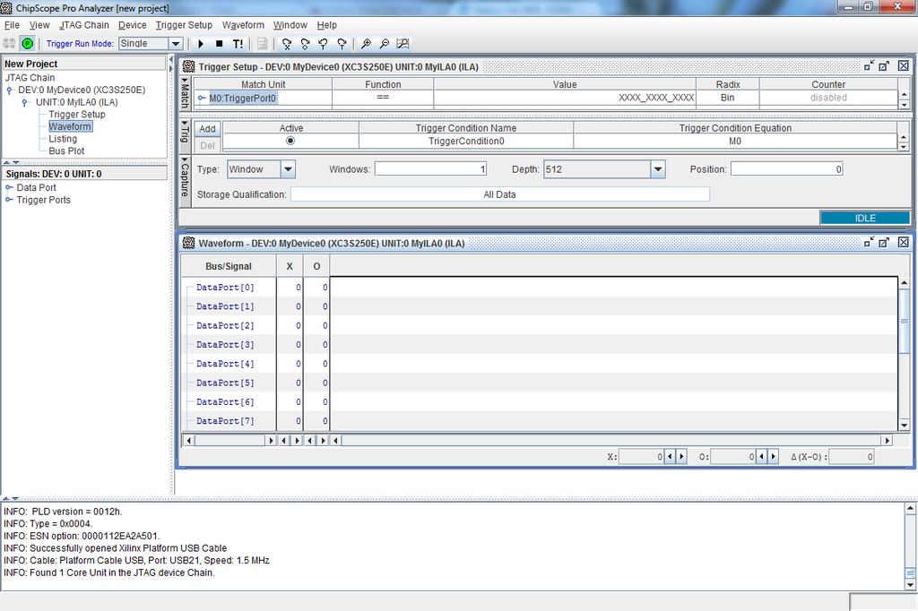igénybe (géptől függően akár 5-10 perc is lehet). Az FPGA felkonfigurálása után indítható a ChipScope Analyzer GUI.