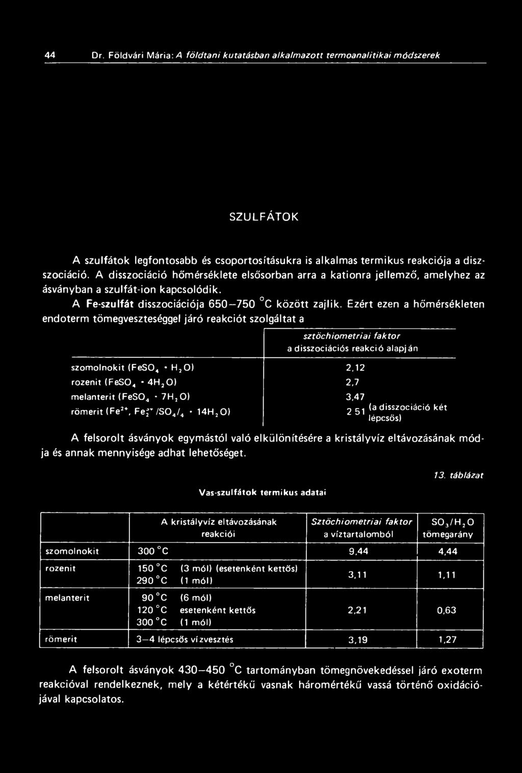 Ezért ezen a hőmérsékleten endoterm tömegveszteséggel járó reakciót szolgáltat a sztöchiom etriai faktor a disszociációs reakció alapján szom olnokit (FeS04 H20 ) 2,12 rozenit (FeS04 4H 20 ) 2,7 m