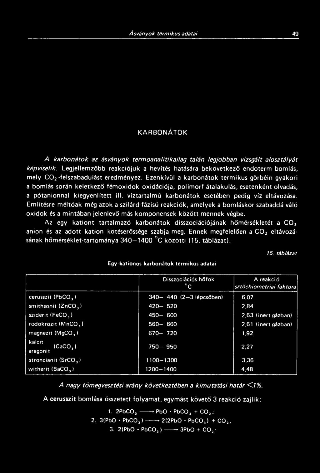 Ezenkívül a karbonátok termikus görbéin gyakori a bomlás során keletkező fémoxidok oxidációja, polimorf átalakulás, esetenként olvadás, a pótanionnal kiegyenlített ill.