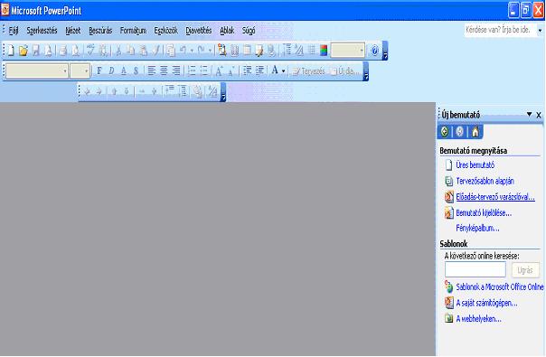 Microsoft Office PowerPoint 2003 esetén Új dia létrehozása A Fájl/Új dokumentum vagy a Szokásos eszközsoron található ikon használatával tudunk Új diasorozatot, prezentációt készíteni.
