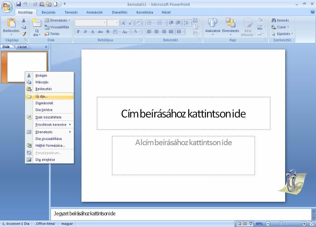 Új dia beillesztése Ha a bemutatónkba új kockát szeretnénk beszúrni, akkor a kezdőlap fülön megtalálható csoportban található Új