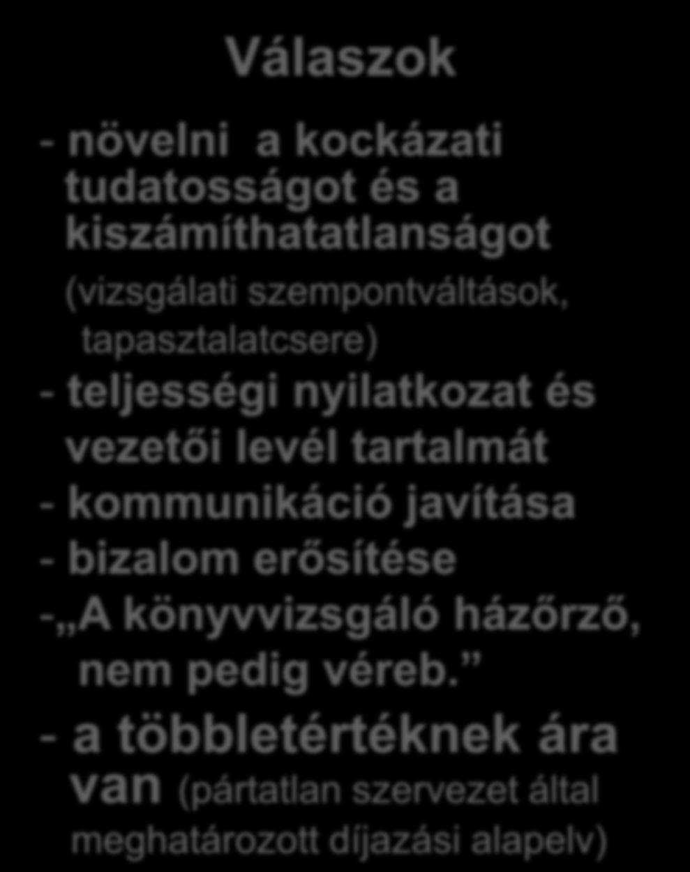 helyességéről: - erősségek bemutatása, - jobbító javaslatok, - komplex számviteli témákban való jártasság, - jövőorientált elemzés, - bővebb helyismeret, - korai figyelmeztető rendszer