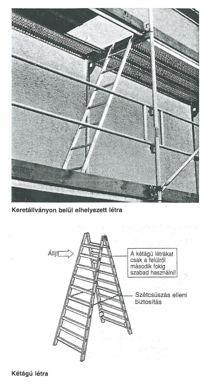 Az állványok feljárói A korábban használatos, az állványokon kívül elhelyezett létrasorok ma már csak kivételes esetekben, 5,00 m magasságig használhatók.
