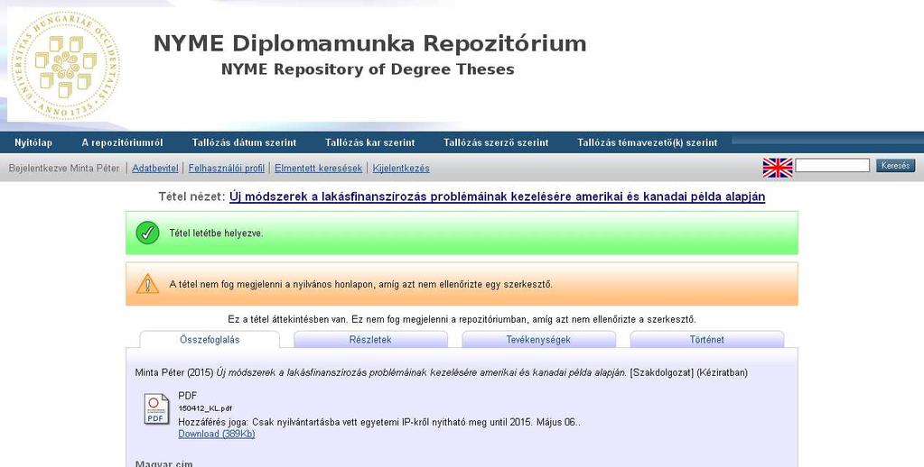 12. lépés Tétel letétbe