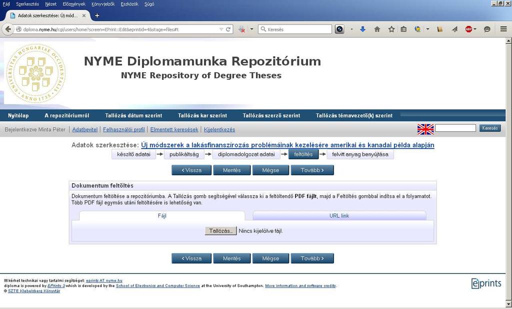 9. lépés Negyedik lap, feltöltés. Pontosan egy darab pdf állomány tölthető fel, amelyben a borítótól a mellékletekig minden megtalálható.