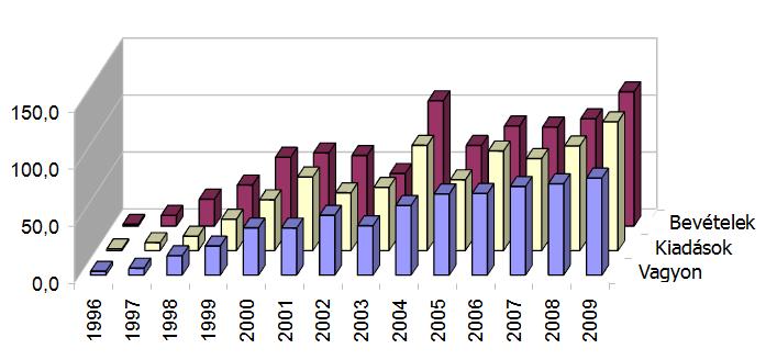 megoszlása (%) Pénzügyi eredmények (millió Ft) 1996 1997 1998 1999 2000 2001 2002 2003 2004 2005 2006 2007 2008 2009 Vagyon 3,3 6,0 16,9 25,5 41,4 41,2 52,5 43,3 61,1 71,1 71,6 77,8 80,1 85,1