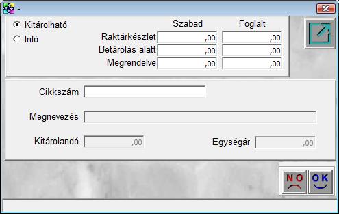 30. ábra A Cikkszám helyes beírását, majd a Kitárolandó mennyiség megadását követően így néz ki az ablak (31. ábra): 31. ábra Ekkor kell a mentést ( ) elvégezni.