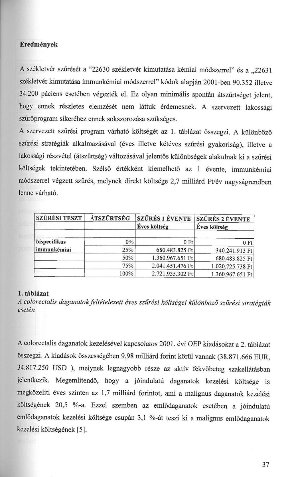 Eredmények A székletvér szűrését a "22630 székletvér kimutatása kémiai módszerrel" és a 22631 székletvér kimutatása immunkémiai módszerrel" kódok alapján 2001-ben 90.352 illetve 34.