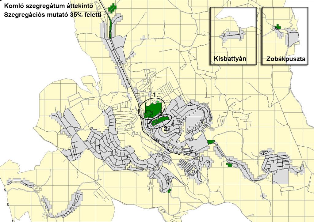 61 4.1-1. ábra: Komló szegregátumait bemutató térképe. Forrás: 2011. évi népszámlálás, KSH. A legkedvezőtlenebb mutatókkal az 1. számú szegregátum rendelkezett a 2011-es népszámlálás időpontjában.