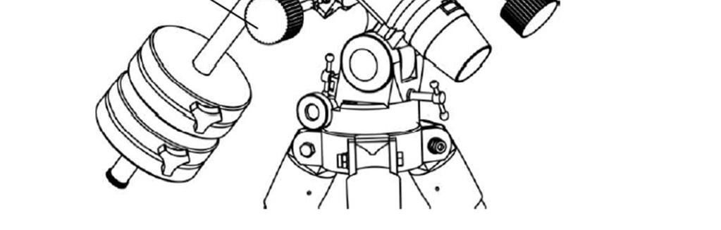 1.4. Az ellensúlyok felhelyezése 1.4.1. Keresse meg az ellensúlytengelyt. 1.4.2. Csavarja fel az ellensúlytengelyt a deklinációs tengely alsó részére a mechanikafejen.