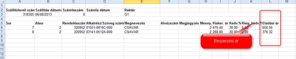 - Eladási ár azaz a márkakereskedő szempontjából a beszerzési ár: L6-LX cellák, megtalálhatóak az azonos nevű cella alatti cellákban. Az ár az adott cikkből valamennyi darabra vonatkozik összesen.