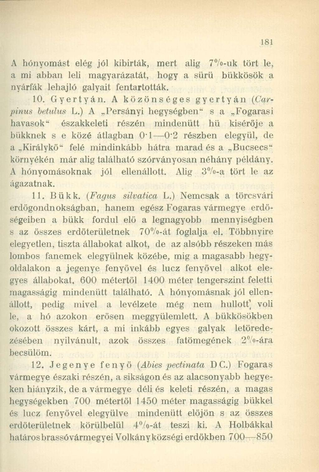 A hónyomást elég jól kibírták, mert alig 7%-uk tört le, a mi abban leli magyarázatát, hogy a sürü bükkösök a nyárfák lehajló gályáit fentartották. 10. Gyertyán.