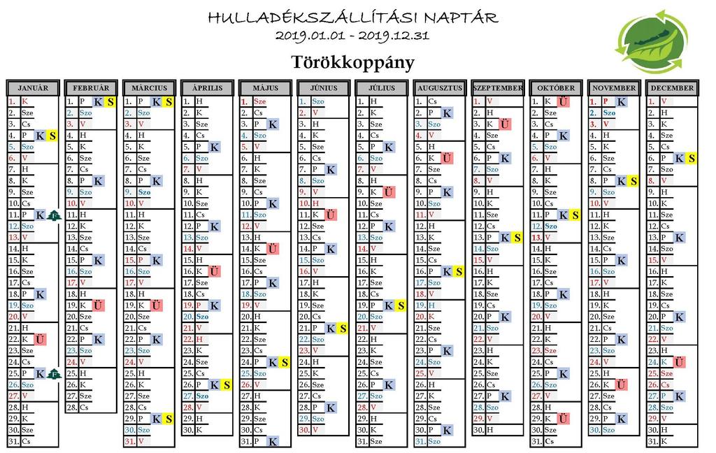 HULLADÉKSZÁLLÍTÁSI NAPTÁR