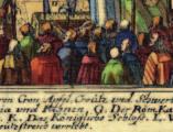 A magyar koronázási jelvények: gróf Wesselényi Ferenc nádor a Szent Koronával, gróf Csáky István tárnokmester az országalmával, gróf Batthyány Ádám étekfogómester a karddal, gróf Nádasdy Ferenc